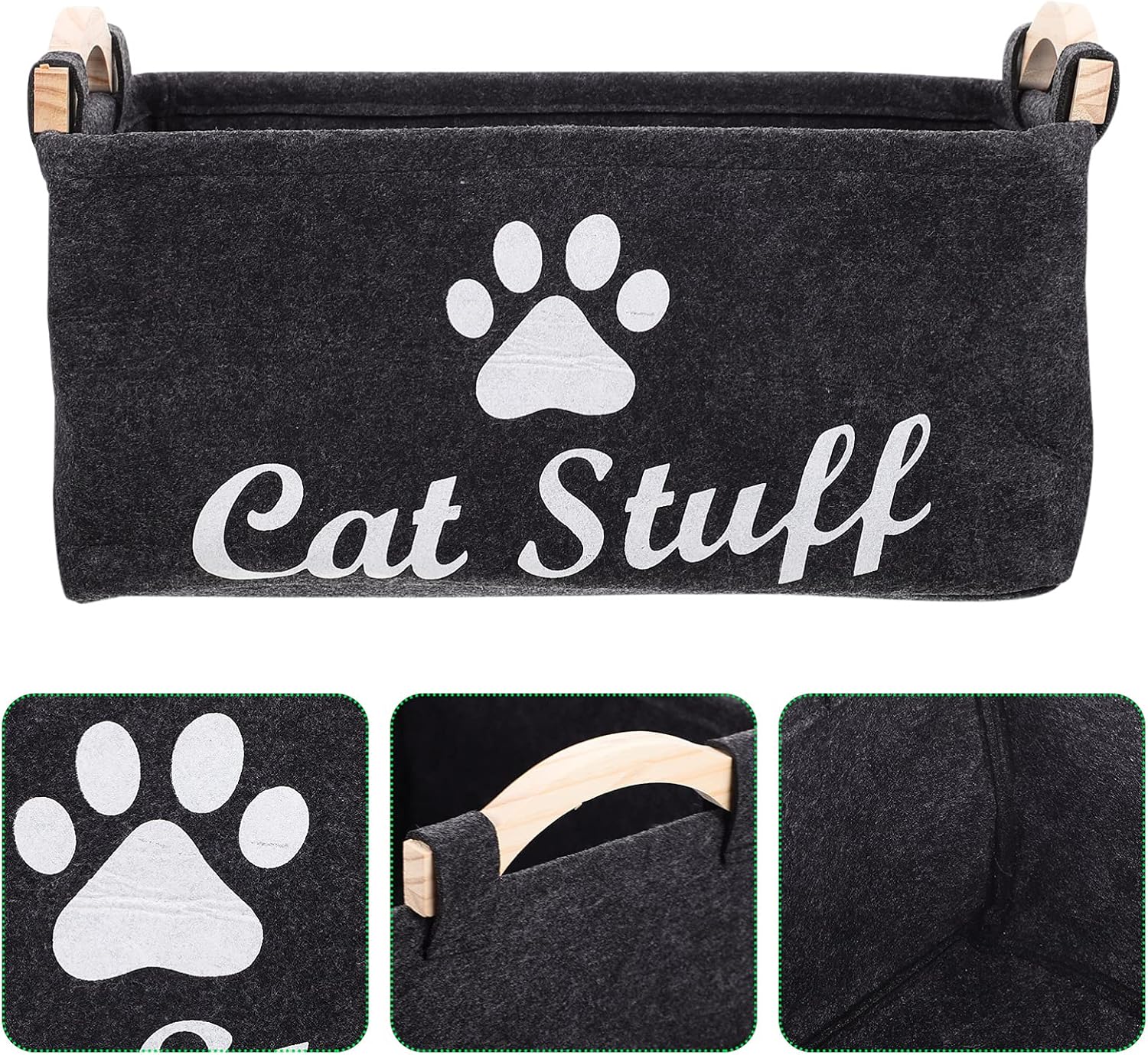 balacoo Cat Toy Storage Bin Fabric Pet Accessory Organizer Felt Basket Chest Organizer Container with Wooden Handle for Dog Rope Toys Blankets Leashes Clothing Black