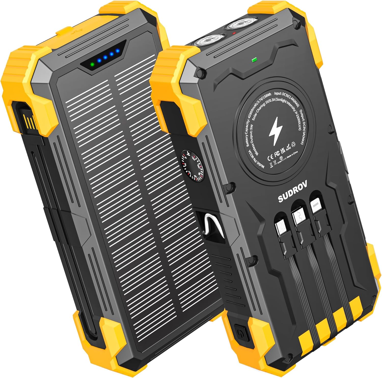 Photo voltaic Charger Energy Financial institution, 42800mAh Wi-fi Transportable Charger with USB-C in/Output, QC3.0 Quick Charging 15W 4 Ports Outside Battery Pack Constructed-in Twin Led Flashlights for iPhone Samsung and many others Crimson