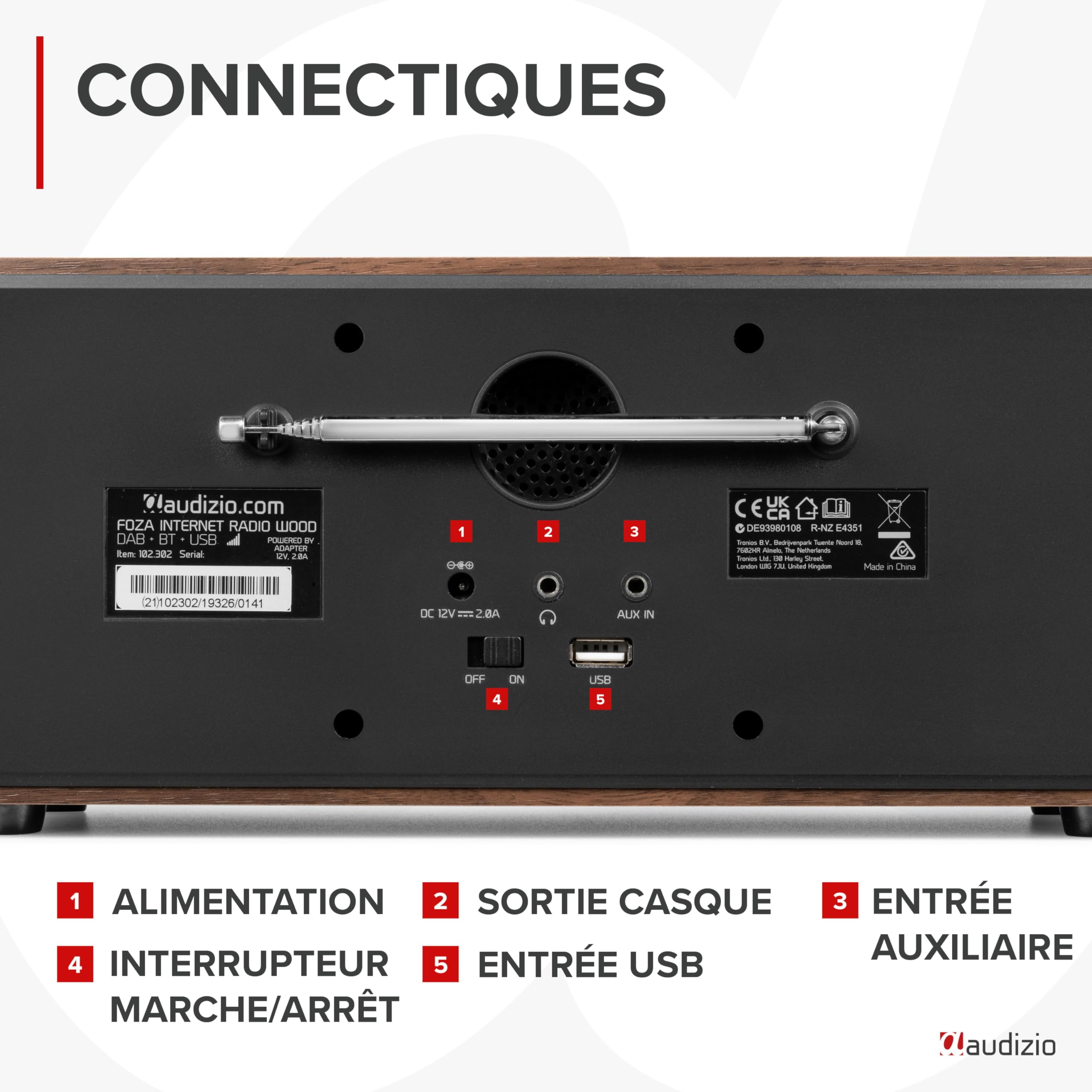 Audizio Foza - Radio Internet WiFi Stéréo, Dab+/FM et BT 5.0 - Noyer, Radio Réveil, Lecteur MP3 USB, Une Radio Idéale pour Écouter Les Radios du Monde Entier Depuis chez Vous