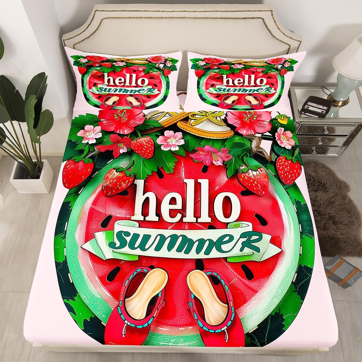 Watermelon Kids Fitted Sheet Twin Size,Daisy Flowers Strawberry Tropical Fruits Bedding Set,Boys Girls Room Decor,Slipper Hawaii Summer Beach Bed Cover,Pink Green Bed Sheet,1 Pillowcase