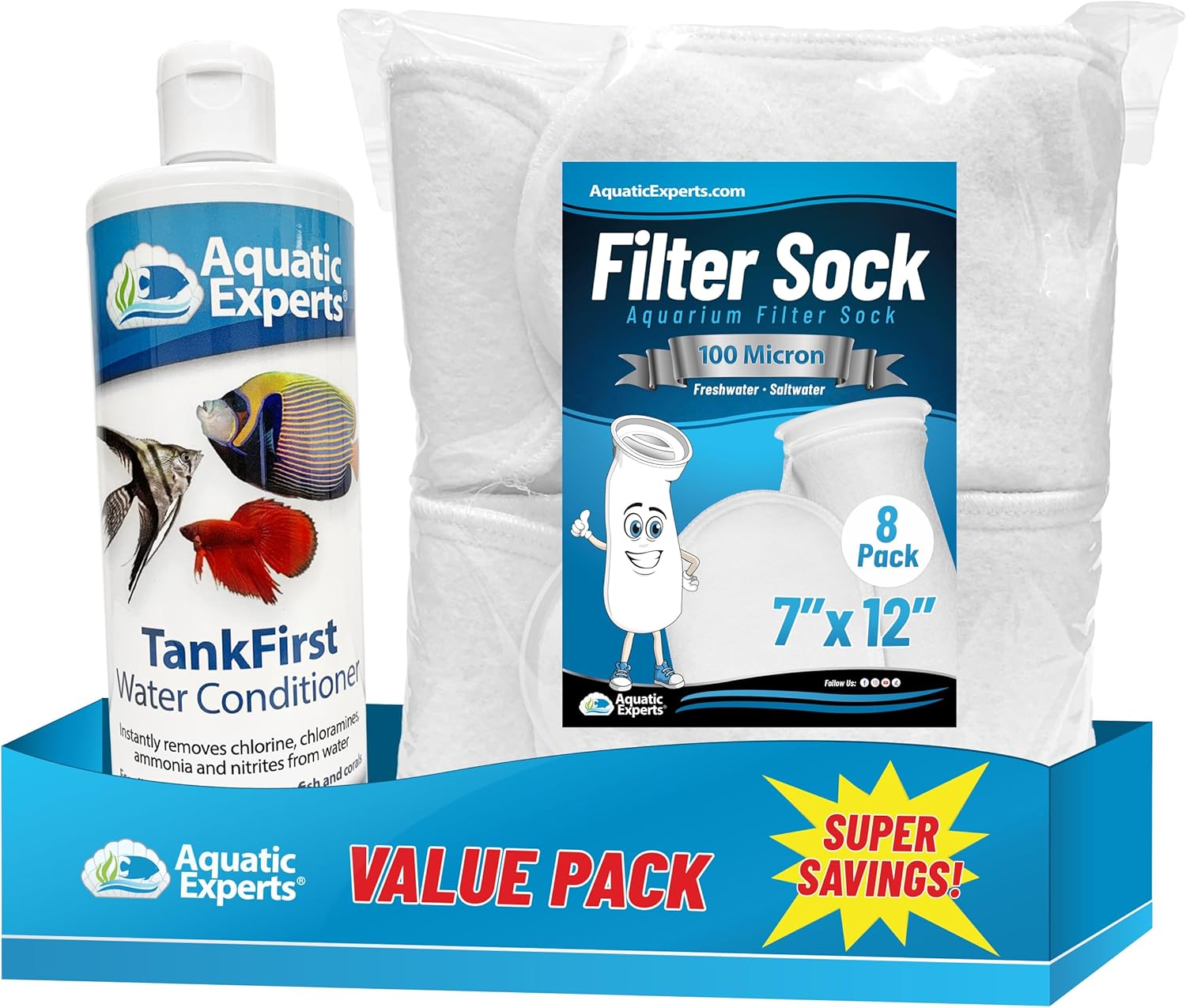 TankFirst Aquarium Water Conditioner 500 mL and 100 Micron Felt Filter Socks 7"x12" - 8 Pack, Made in USA (Value Pack)