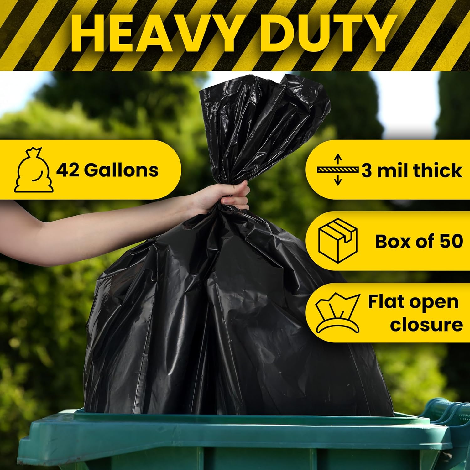 happimess HPM3000G-BLACK 50 Count 42-Gallon 3 Mil 32 in. W x 47 in. H Heavy Duty Contractor Trash Bags for Business Home Kitchen Commercial and Industrial, (5-Rolls of 10 Bags)