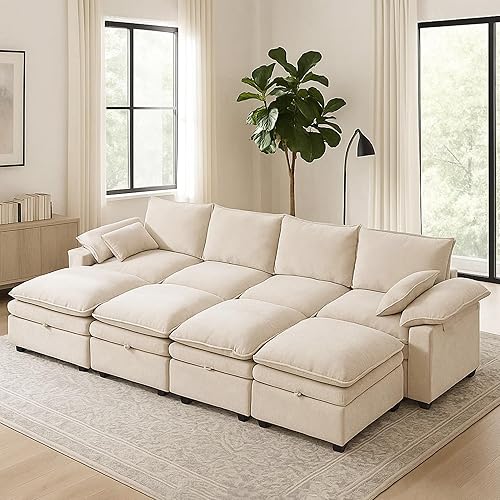 Large U-Shaped Sectional Couch Set - 6/7/8 Seater Oversized Cloud Sofa for Living Room, Big Comfy Chenille Fabric Couches, Extra Long Modular Sofa Bed Furniture (Beige, 8-Seater Sofa)