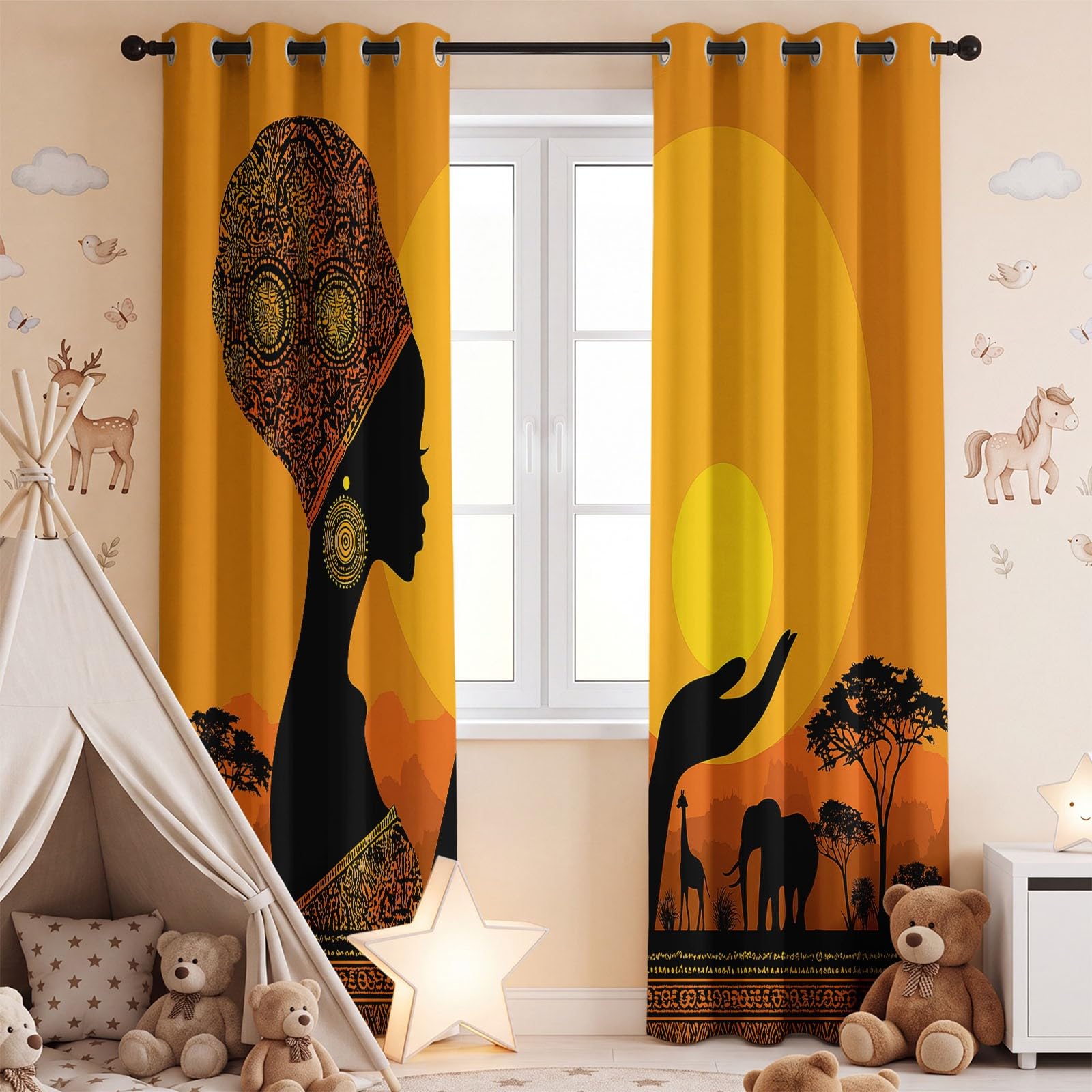 Rideau Thermique Style Africain, Rideau Occultant Fille Silhouette Coucher de Soleil L 110 x H 215 cm, Rideaux et Draperies Intérieurs à Oeillets Rideau, Rideaux Chambre Salon Fenetre,