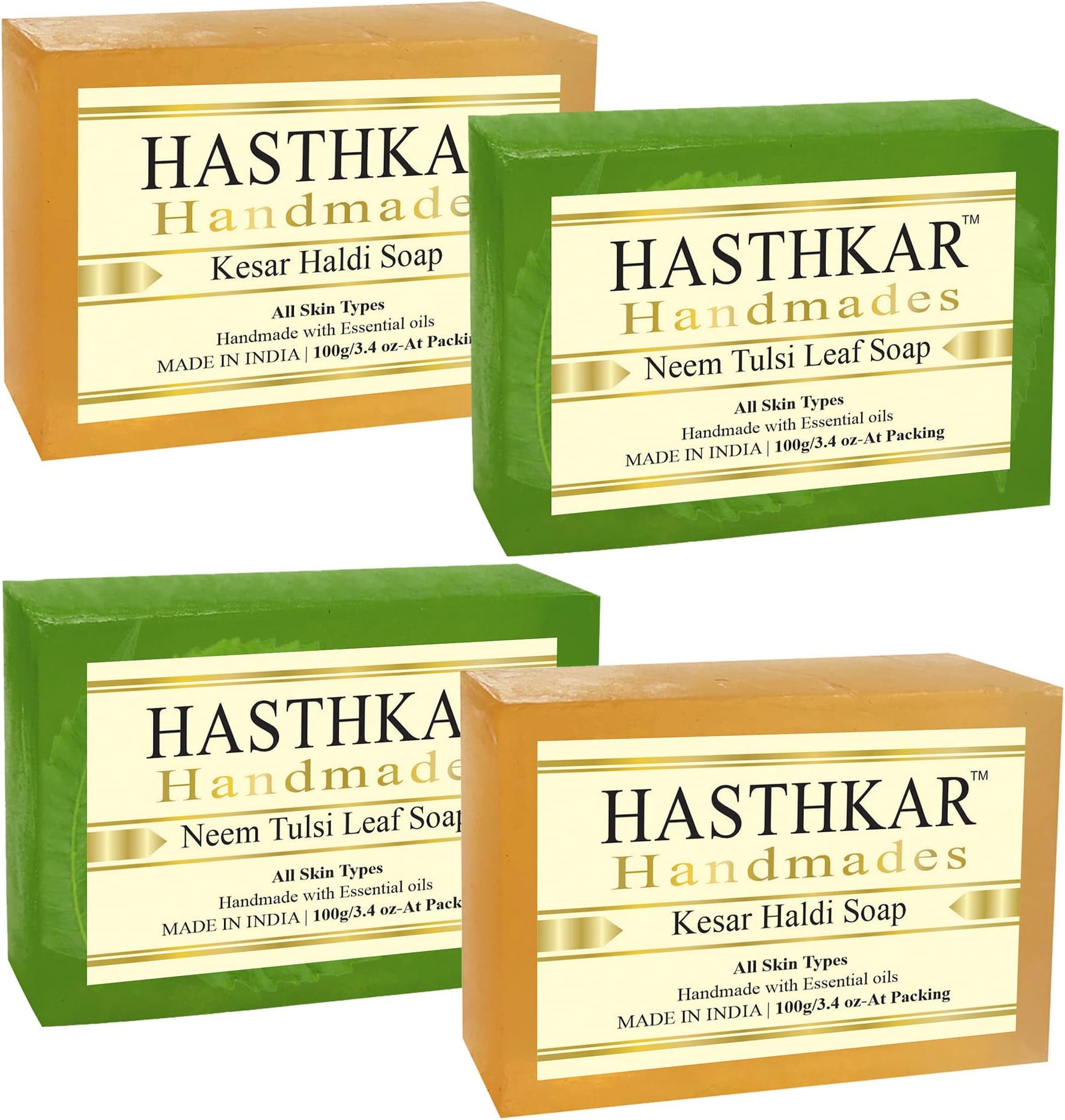 byPureNaturals Hasthkar Handmades India Kesar Haldi Soap and Neem Tulsi Leaf Natural Herbal Soap (2x2 Gift Combo)