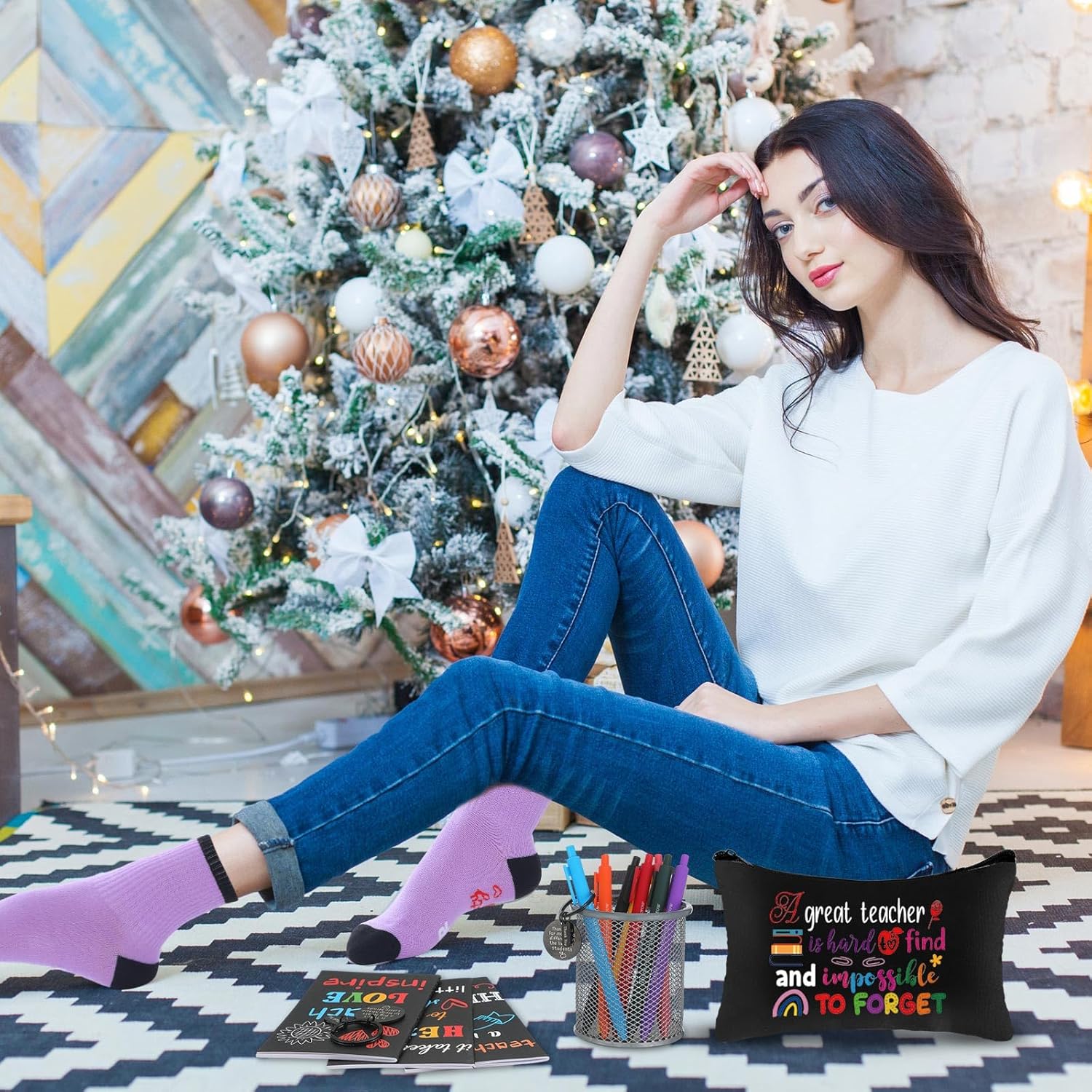 Fulmoon 40 Pcs Teacher Appreciation Gifts Thank You Gifts Bulk Socks Makeup Bags Keychains Motivational Notebooks Ballpoints(Bright Color,Super Teacher) - Image 7