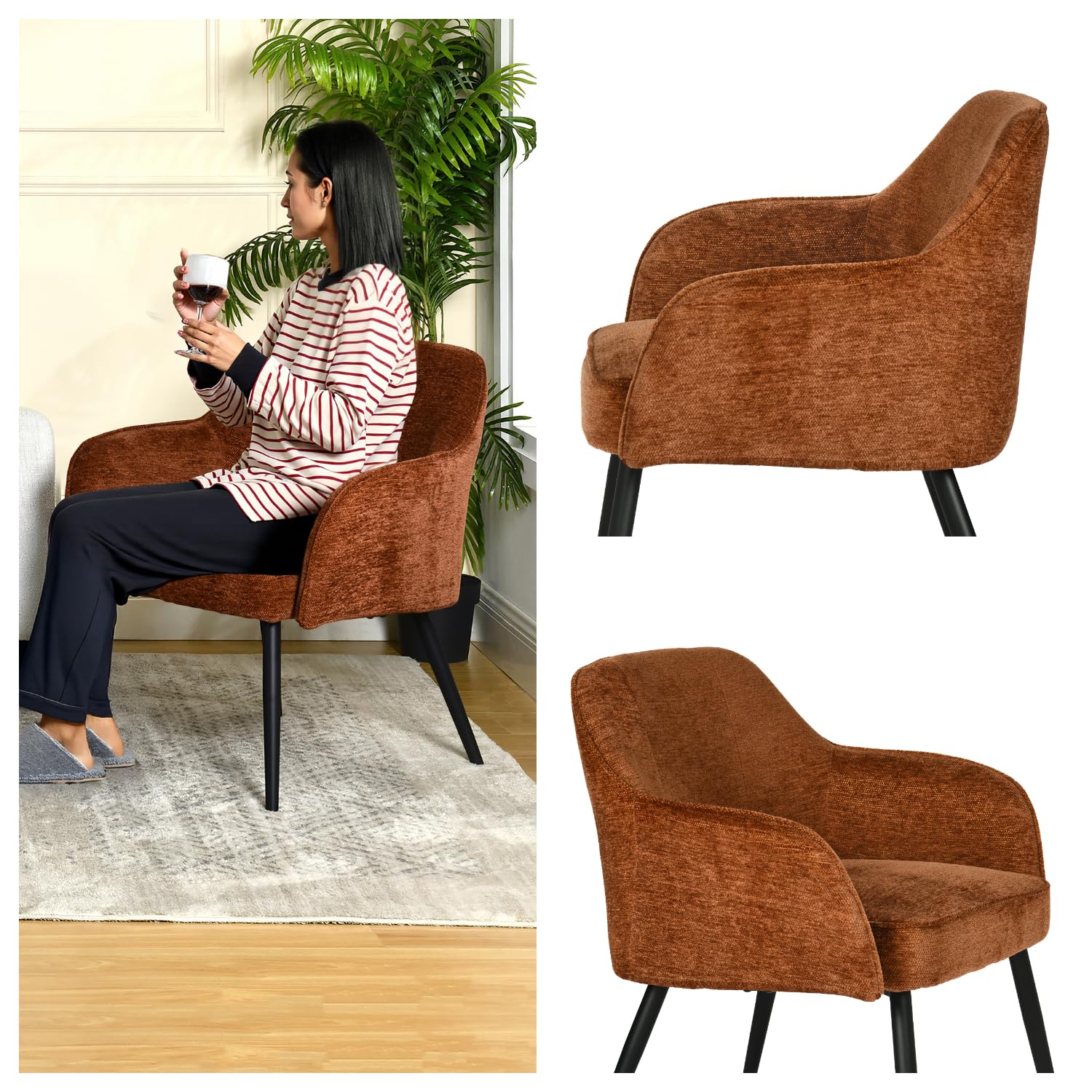 Meuble Cosy Chaise d’Accueil Confortable en Tissu Chenille, Fauteuil de Réception avec Coussin Épais 10 cm, Pieds Métal Stables, Style Élégant, Caramel