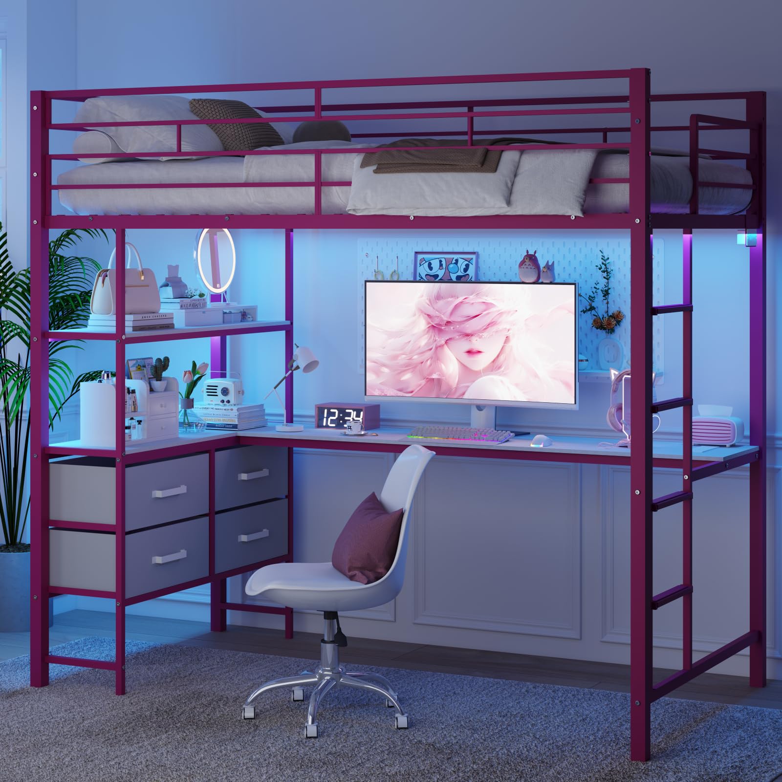 VINGLI Full Metal Loft Bed Pink