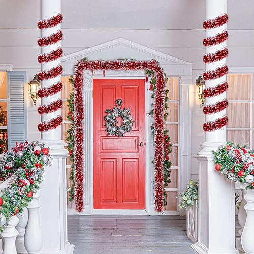 Miniatura 7 de Waydress 4 piezas guirnalda de oropel rojo para decoración de árbol de Navidad, serpentina guirnalda metálica blanca de nieve para árbol de Navidad,