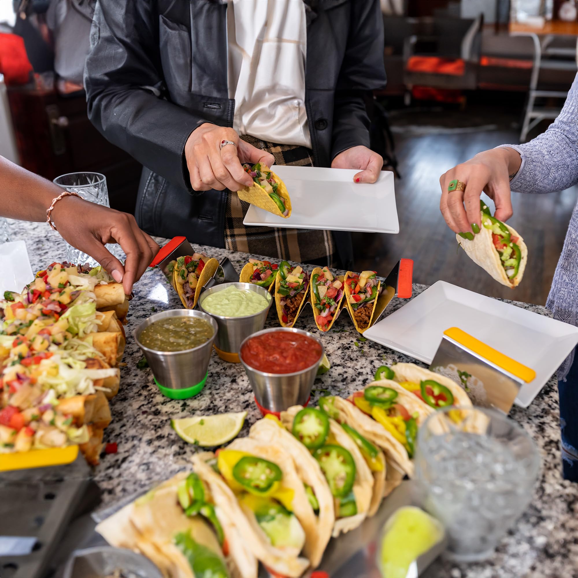 Mkchentul 316 Stainless Steel Taco Holder Stand for 6 Tacos and 2 Sauce Cups, Premium Taco Rack with Silicone Handles, Taco Shell Holder, Stylish Rack Taco Tray, Oven & Dishwasher Safe, BPA free