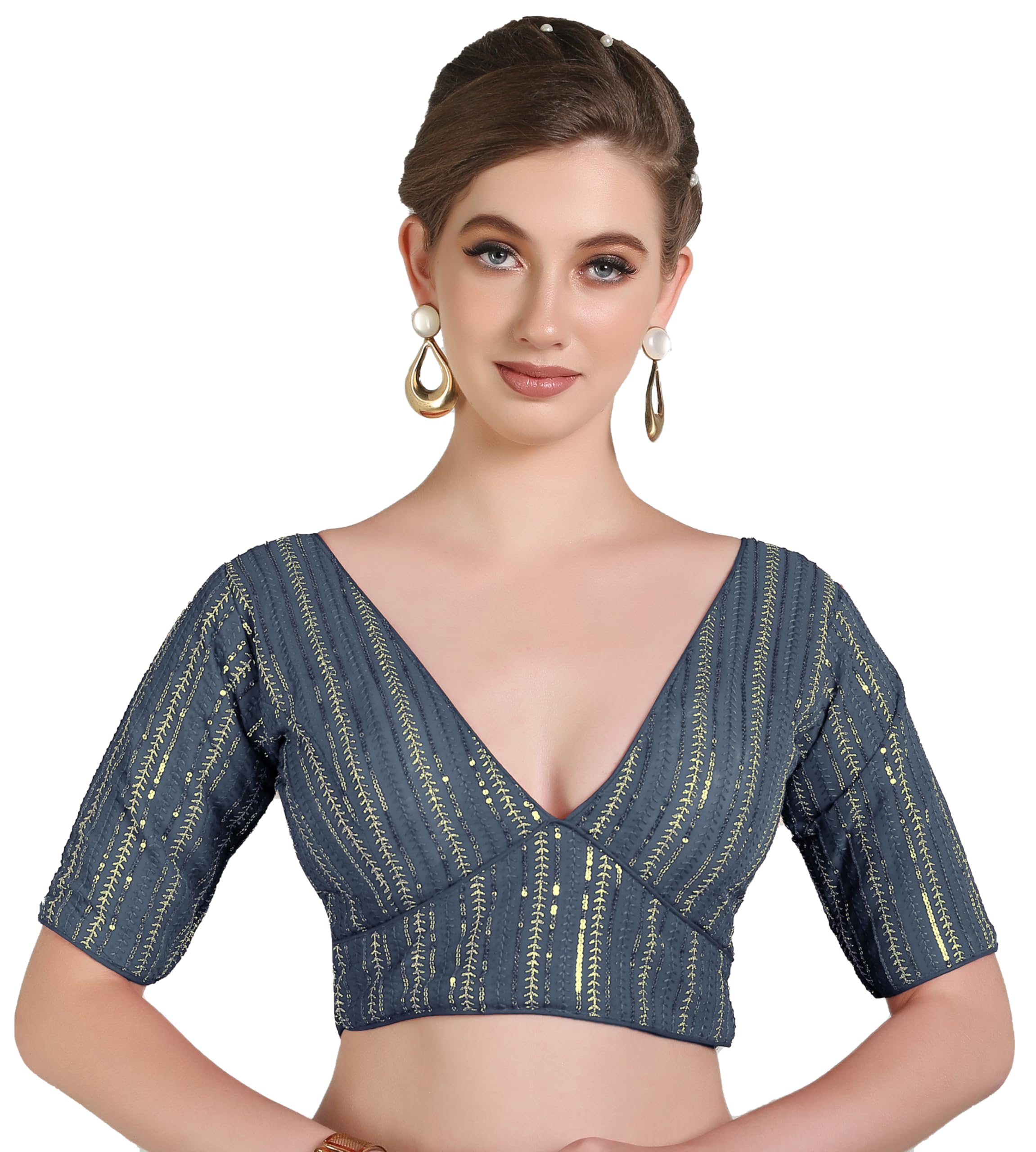 Pujia Mills Women's Georgett Half Sleeve Deep V Neck Embroidered With Sequins Blouse (Zhankhi Grey 38)