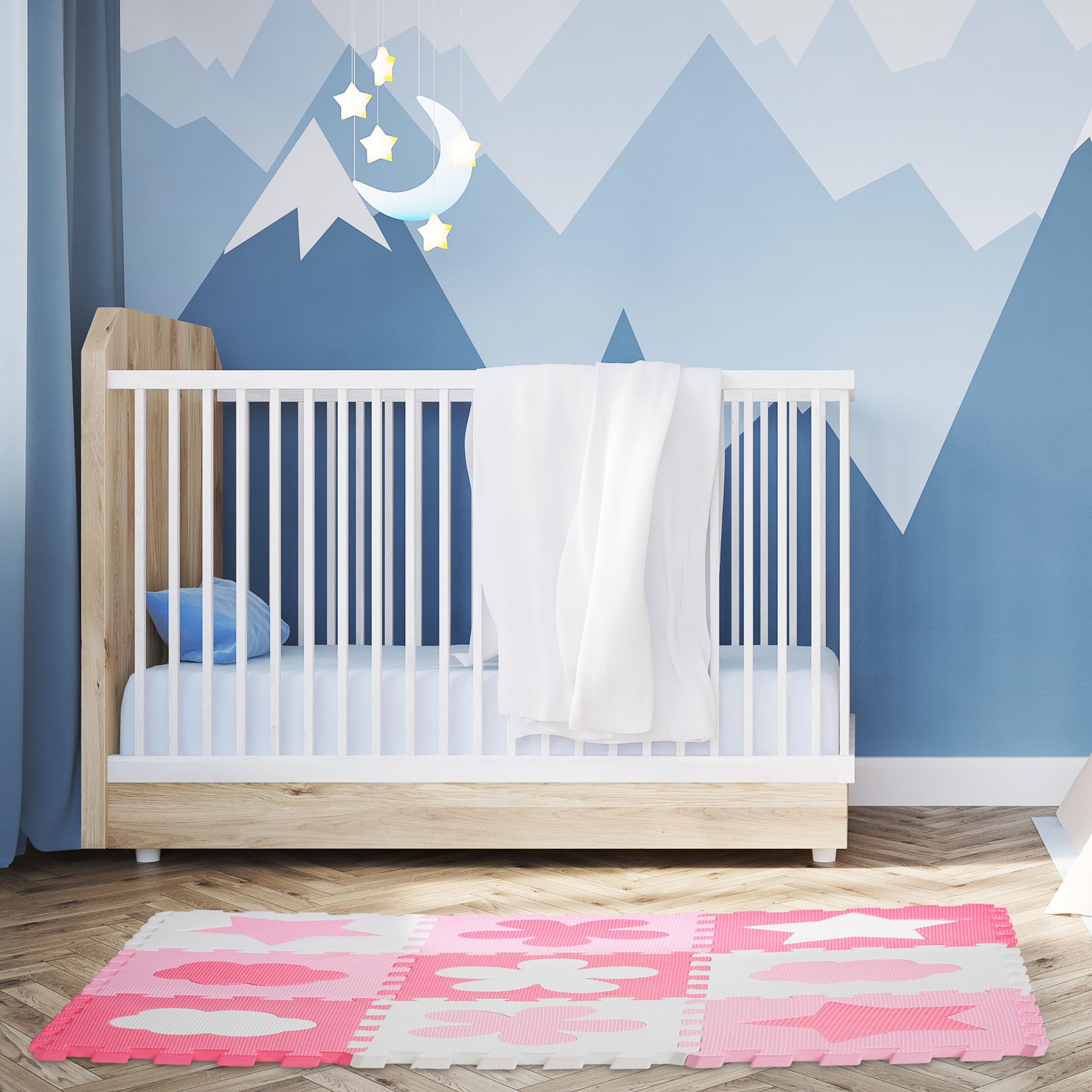 Tapis Puzzle Mousse Bébé 52 Pièces - Motifs Fleurs Étoiles Rose