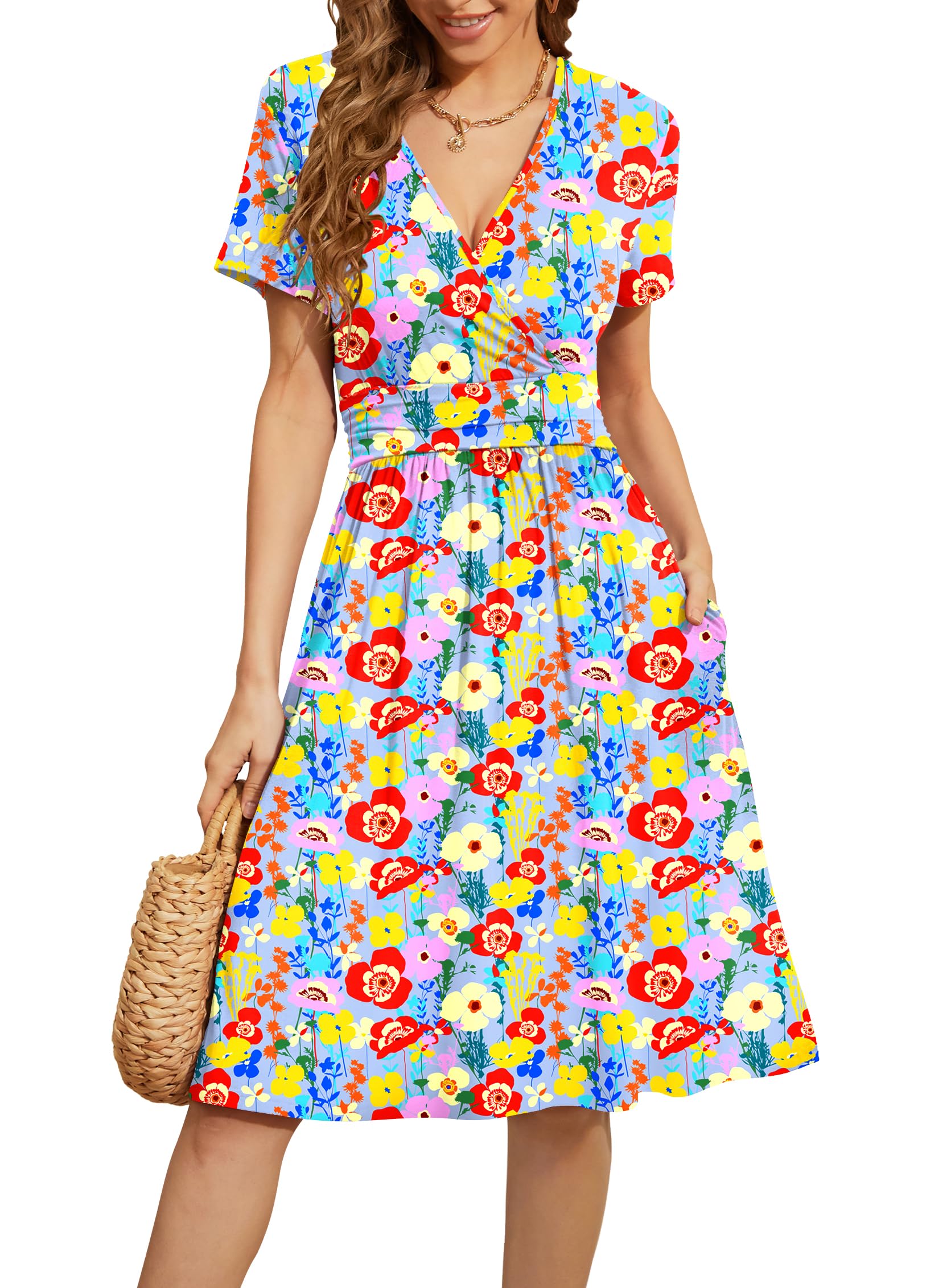 WEACZZY Women's Summer Short Sleeve Casual Dresses V-Neck Floral Party Dress with Pockets