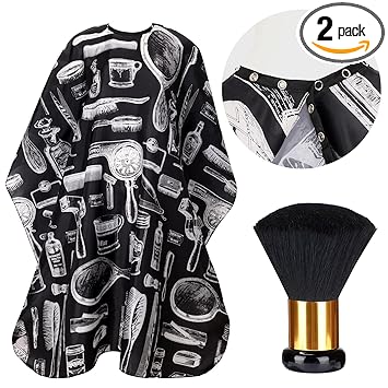 FEBSNOW Waterproof Barber Cape and Neck Duster Brush Black Hair Cutting Cape with Adjustable Snap Button, 43.3 × 57 Inches Large Salon Cape for Hair Treatment Haircut Dyeing Perm (Printing Style)