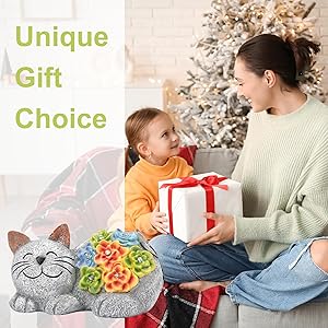 Otdair Solar Cat Decor, Birthday Gifts for Women with Succulent and 7 LED Lights, Christmas Gifts for Mom, Seniors, House Warming New Home Garden Decor for Cat Lover