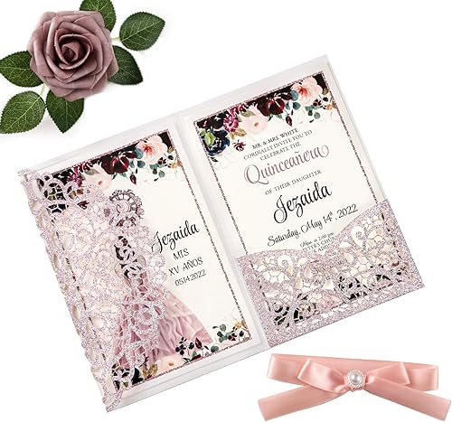 DORIS HOME Kit de invitaciones de quinceañera de oro rosa con purpurina en blanco de 4.7 x 7 pulgadas, tarjetas de invitación de cumpleaños con