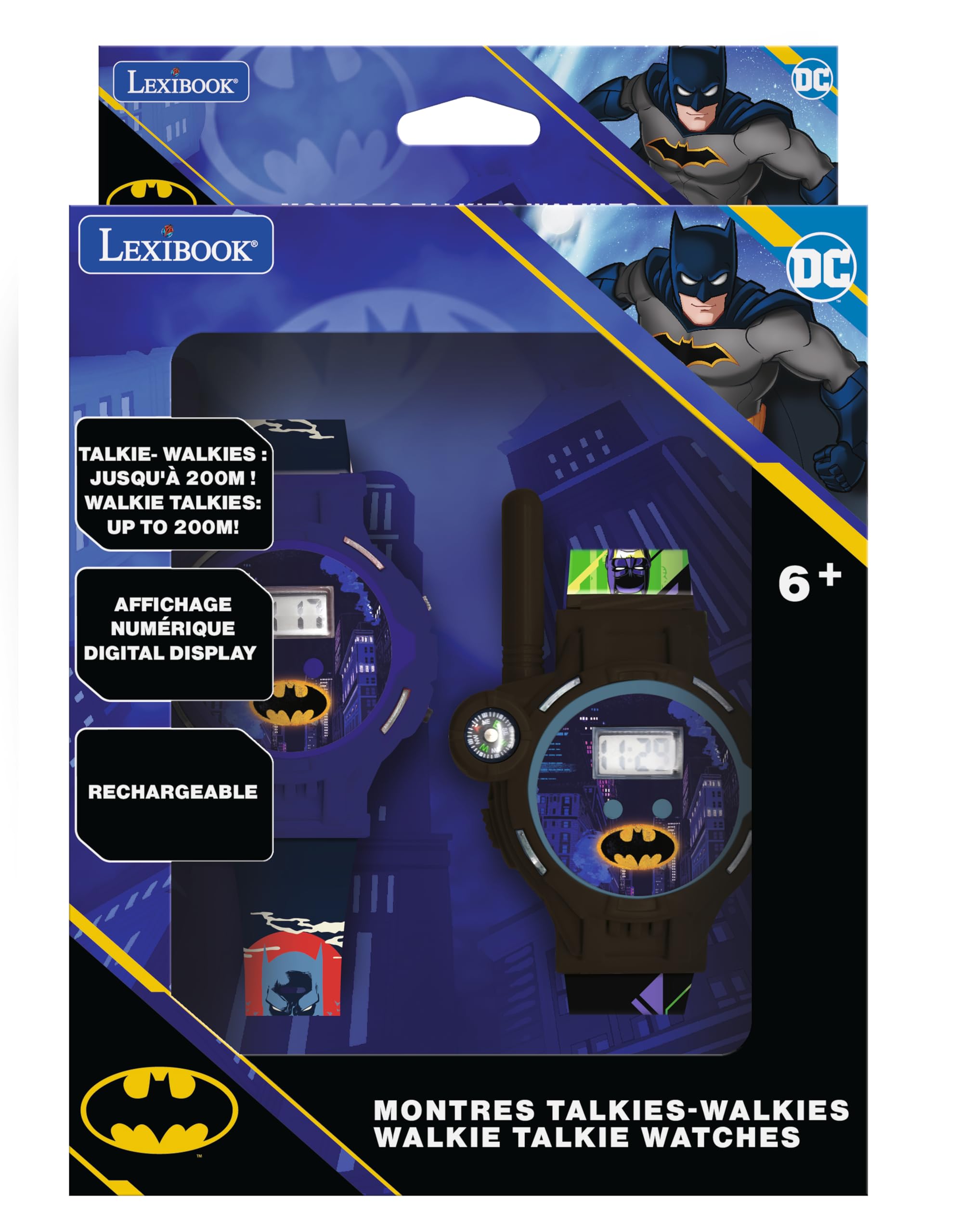Lexibook, Batman, Montres Talkie-Walkies, 2 pièces, Portée Jusqu’à 200m, Lampe de Poche, Boussole, Rechargeable, Noir/Vert et Bleu/Rouge, DMWTW1BAT