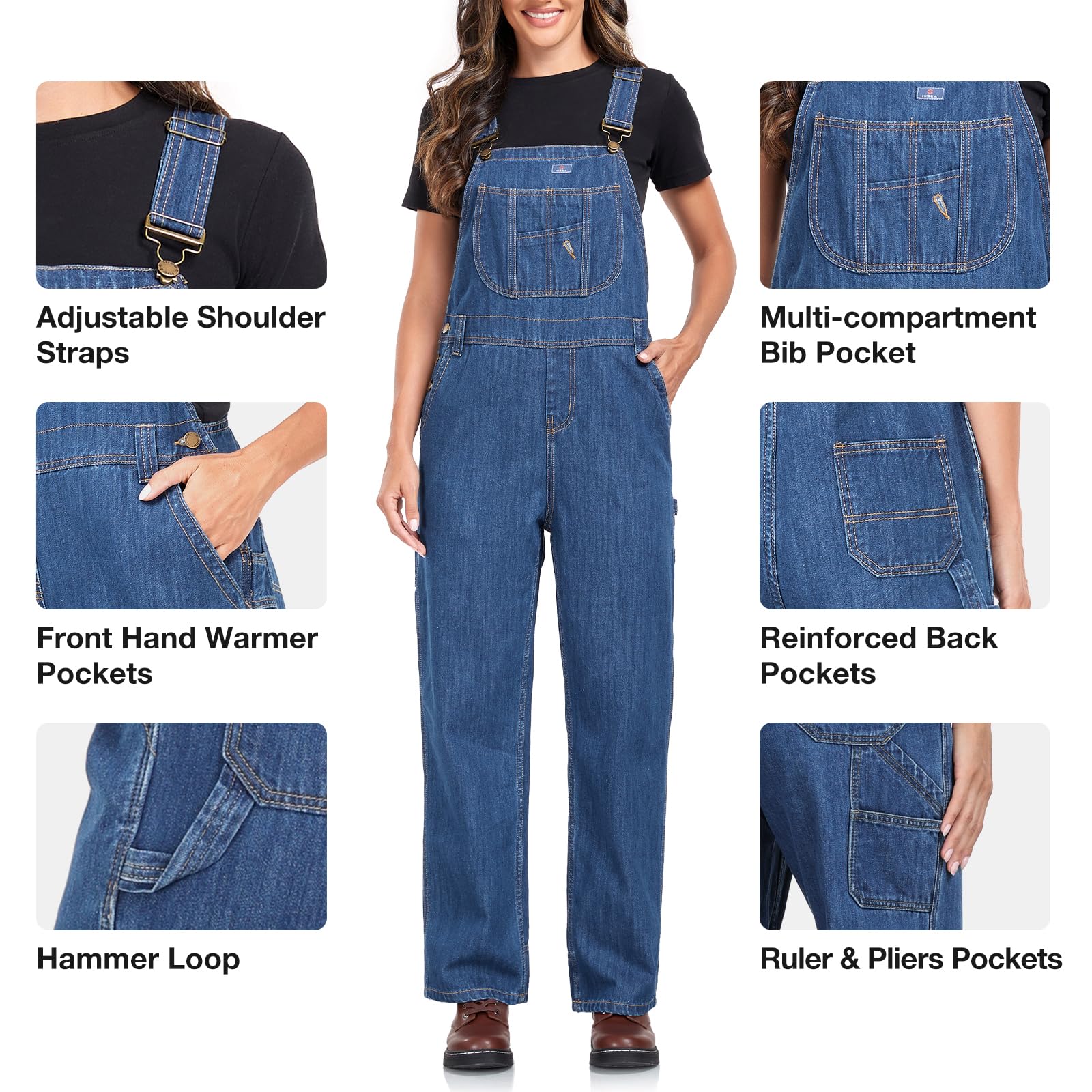 HISEA Salopette à bretelles en jean pour femme, coupe ample, en coton, extensible, pour le travail, l'automne