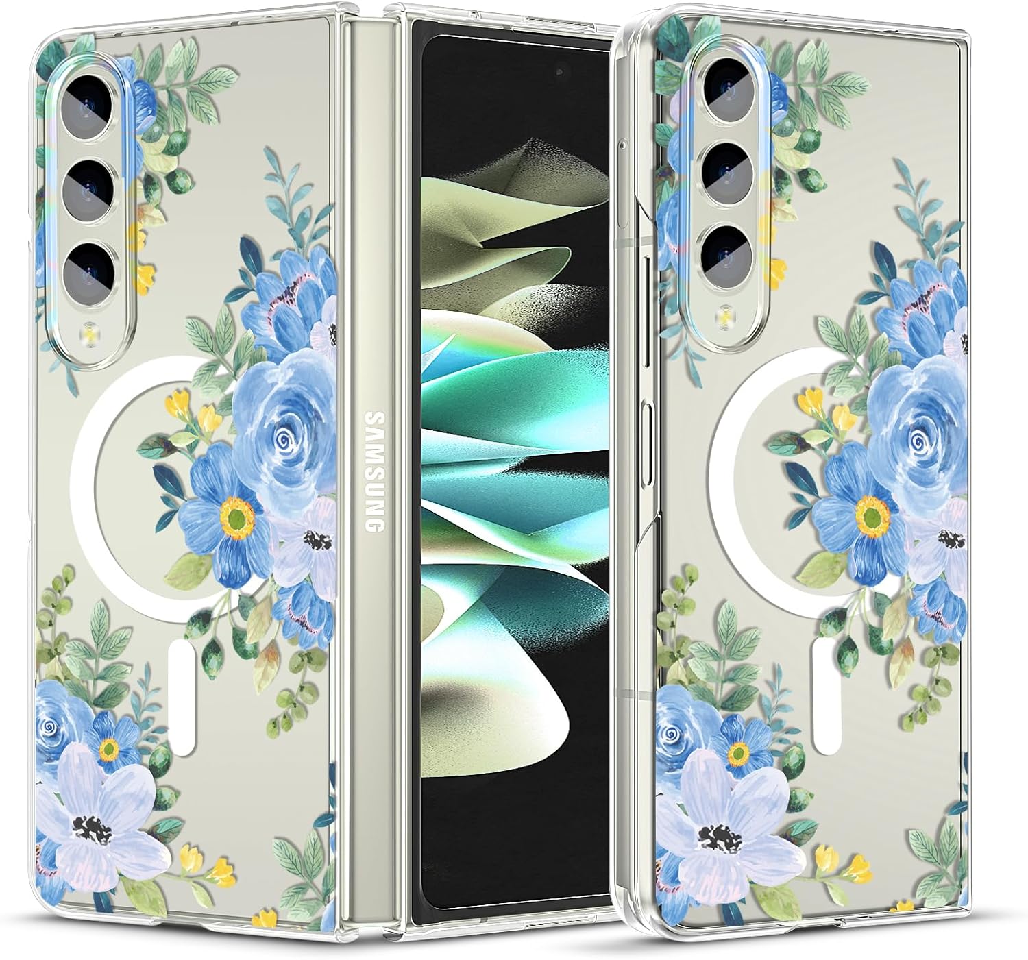 Magnetic Case for Galaxy Z Fold 4, Slim Anti-Yellow Hard PC Protective Soft TPU Bumper Shockproof Cute Case with Flowers, Abstract Blue Flower(10-88)
