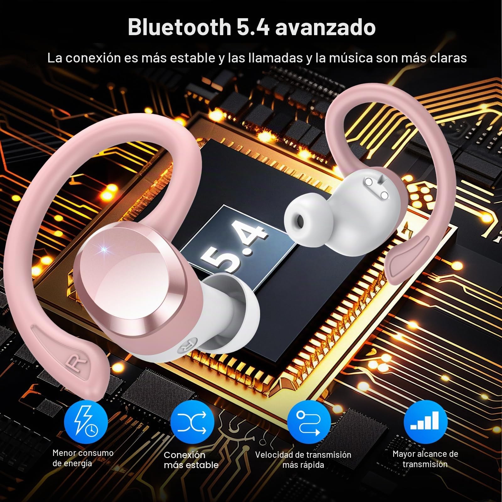 Auriculares Inalambricos Deportivos, Bluetooth 5.4 con HD Micrófono HiFi Estéreo Pantalla LED, 54H de Reproducción con Cancelacion Ruido ENC, IP7 Impermeable Cascos Inalambricos, Ajuste Cómodo