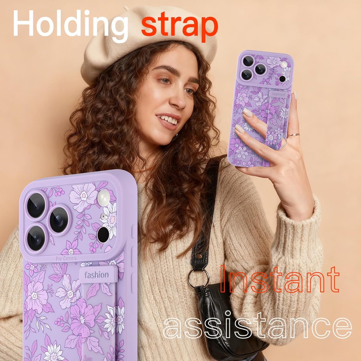 Compatible with iPhone 17 Pro Max Case with Strap, Cute Floral Design for Women Girls, Soft TPU Silicone Protective Case, Adjustable Wristband Kickstand Raised Camera Protection Cover, Purple - Image 6