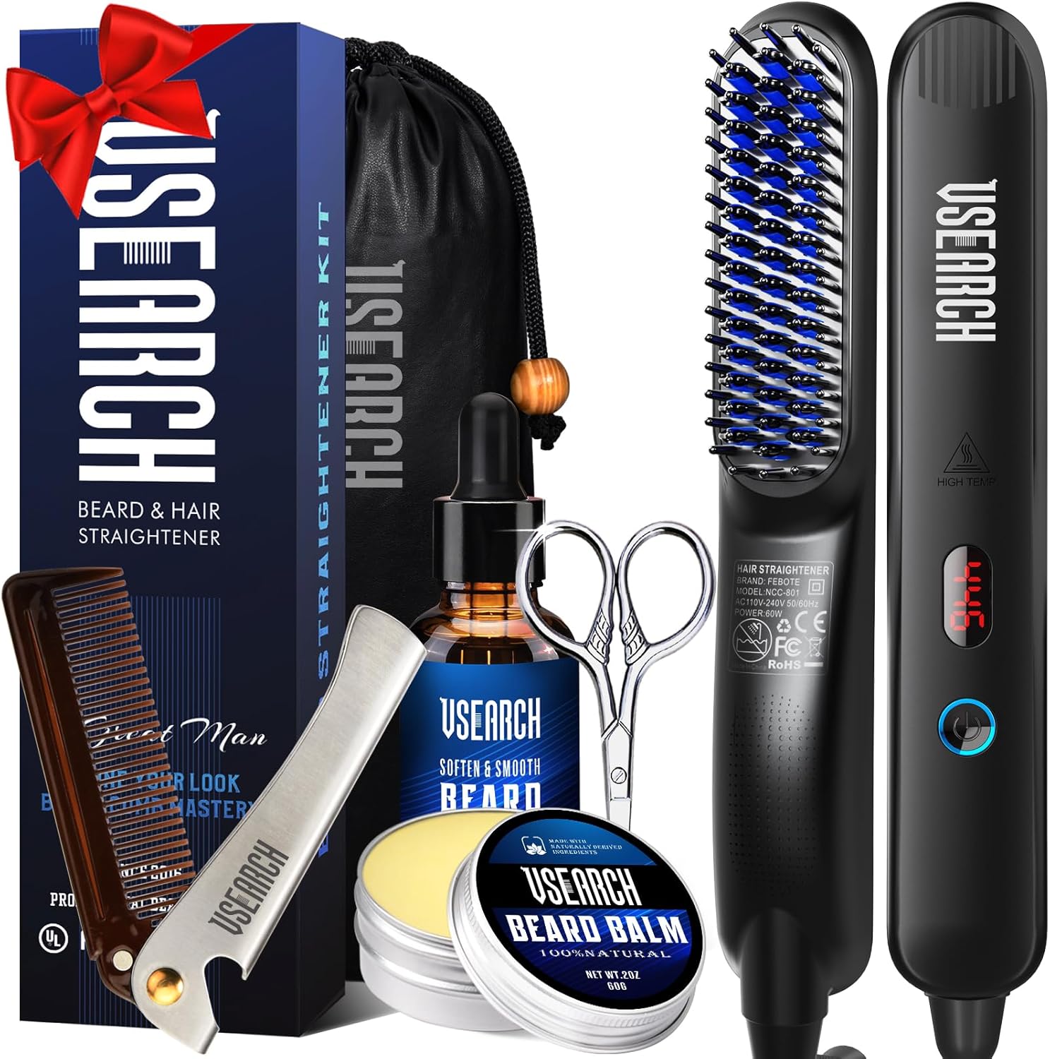 Heated Beard Straightener Brush for Men, 5 Temp Settings, Anti-Scald Safety, Grooming Kit with Comb, Beard Balm & Oil, for Coarse Thick Curly Beards, Gifts for Father's Day Birthday