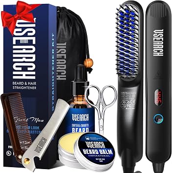 Heated Beard Straightener for Men | 5 Temperature Settings, 30s Fast Heat, Anti-Scald Safety, Grooming Kit for Coarse Thick Curly Beards