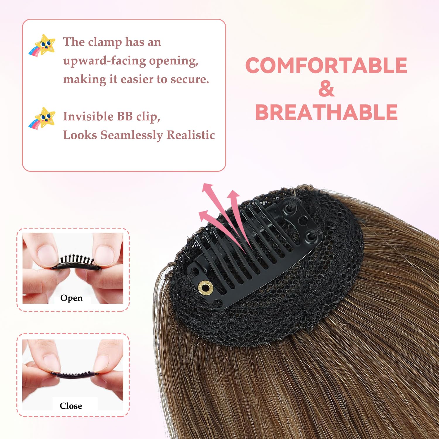 Clip In Fringe 100% Real Human Hair Bangs Hair Clip Thin Bangs On Hairpiece On Air Bangs With Temple Wispy Bangs Hair Extensions for women (Light Brown - Image 3