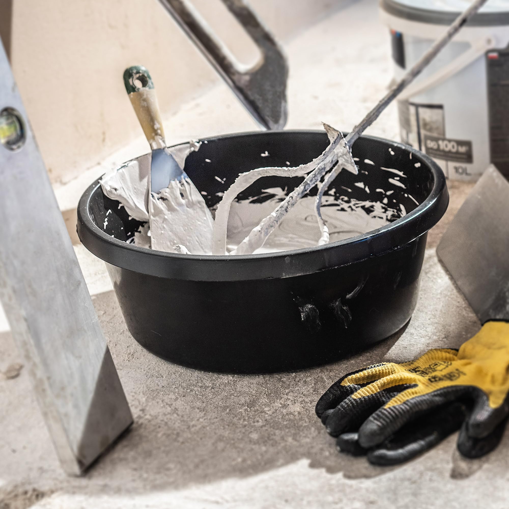 KADAX Vasca rotonda per malta da 14 l, secchio in plastica per cantiere, giardino, grande bacinella per lavare, contenitore resistente per cemento (nero, set da 6)