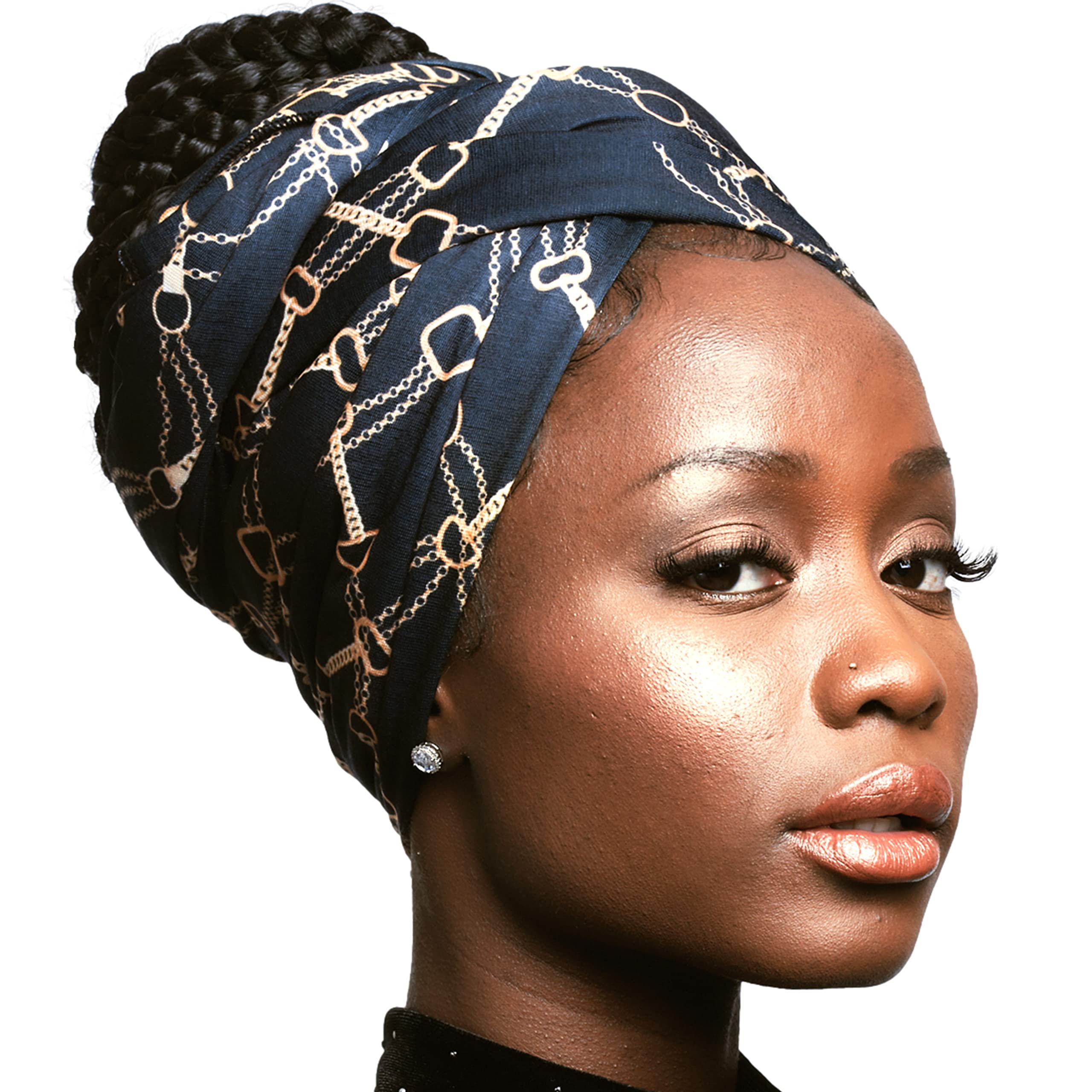 Head Wraps for Women - African Hair Scarf Jersey - Long, Soft & Breathable Turban Tie Headwrap for Natural Hair, Chains, OSFM