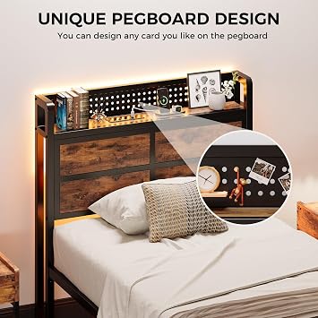 IRONCK Single Bed Frame with Storage Headboard & LED Lights, Platform Bed Frame Single with Charging Station, Metal Bed Frame, UnderBed Storage/Mattress Foundation, Vintage Brown