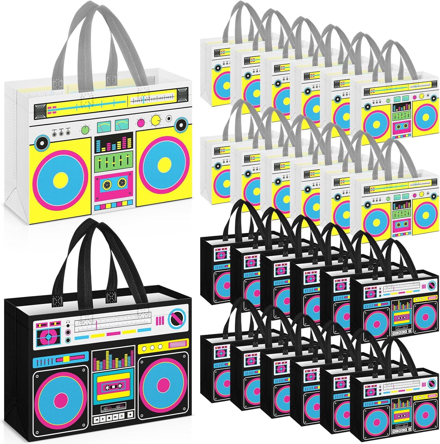 24 Pcs 80s90s Party Favor Bags Non Woven Retro Radio Grocery Bags for Hip Hop Birthday Disco Rock Party (Black,Yellow)