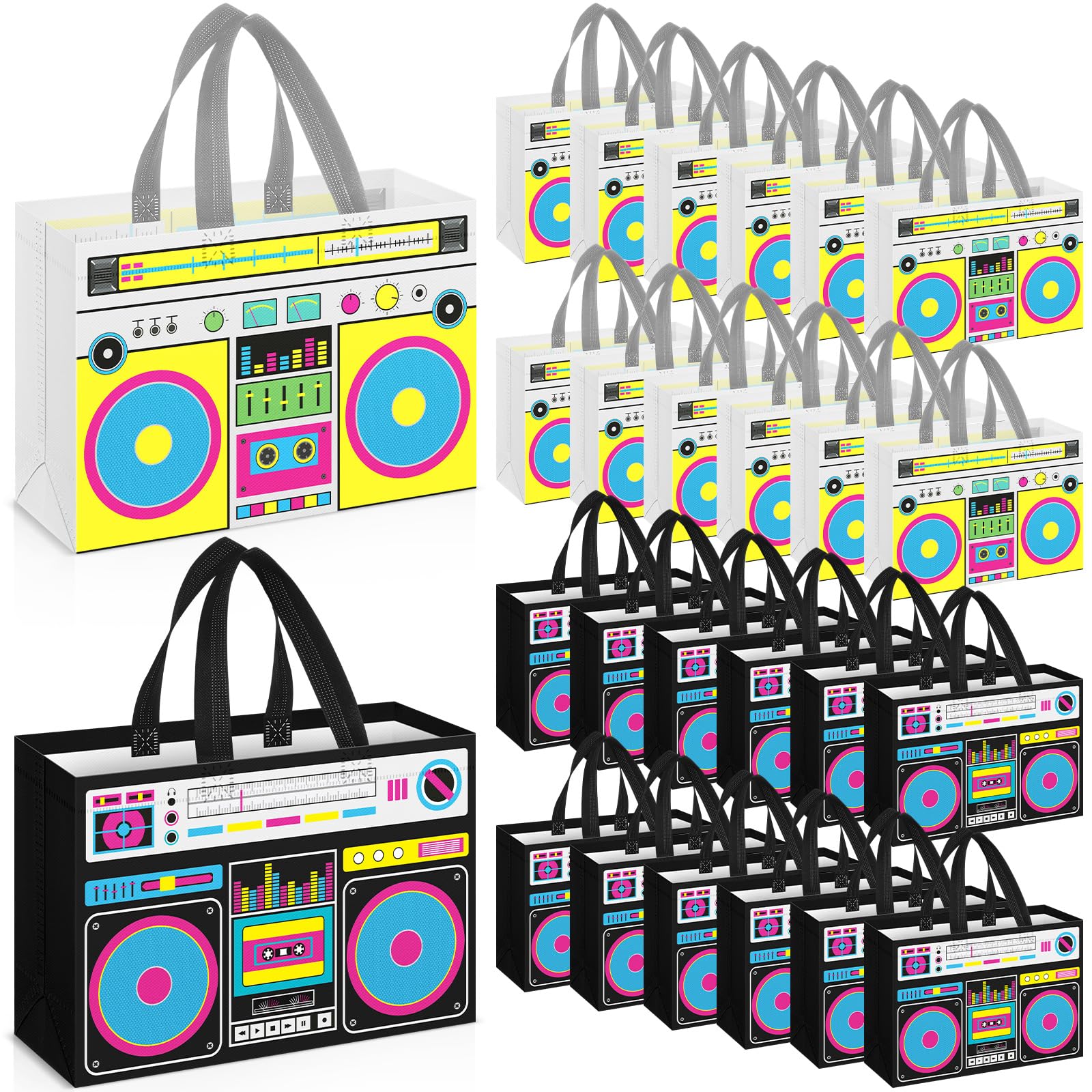 Locmeo Partytüten im Stil der 80er-90er-Jahre, nicht gewebt, Retro-Radio, Lebensmitteltüten für Hip-Hop, Geburtstag, Disco, Rock-Party, Schwarz, Gelb, 24 Stück