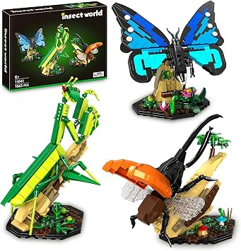 Insect Collection Building Toy Set, with Life-Size Blue Butterfly, Mantis and Beetle Display Models, Fun Gift for Nature Lovers, Bug Building Office Home Decorative, Gifts Ideal for Adults Kid 6+