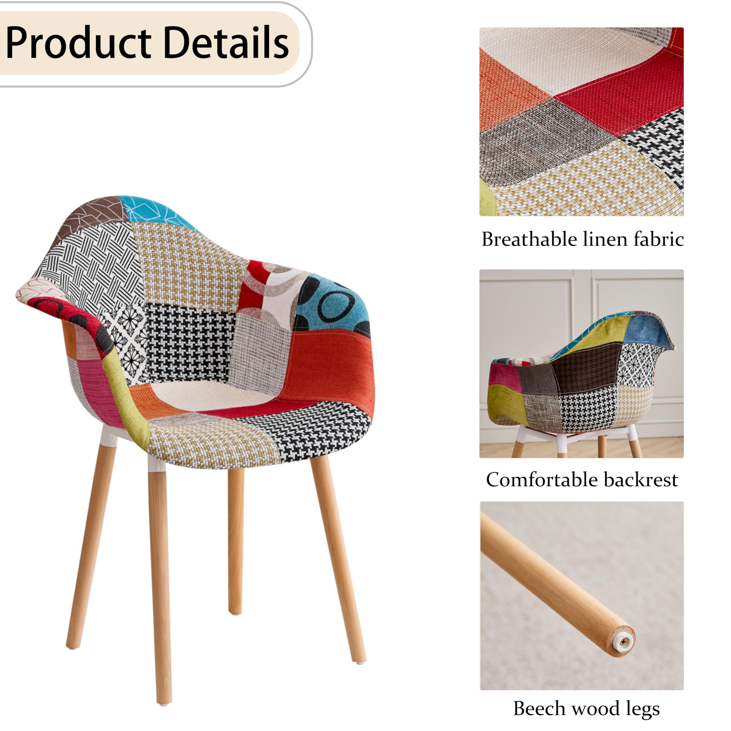 GrandCA HOME Set di 2 Sedie da Pranzo Moderne con Braccioli, Gambe in Faggio, Sedie da Cucina Patchwork Nordiche per Cucina, Soggiorno, Sala da Pranzo, Camera da Letto (Rosso)