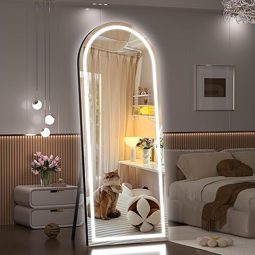 Miniatura 6 de Hasipu - Espejo de cuerpo entero con luces led, 79 x 36 pulgadas, espejo arqueado con marco negro, 3 colores de temperatura y brillo ajustable, para