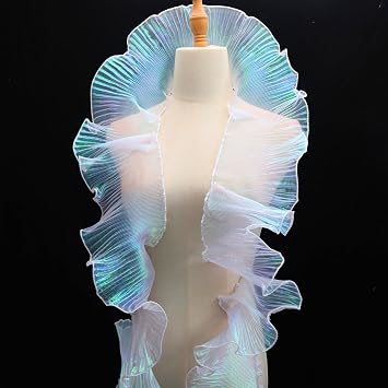 Ruffle Pleated Chiffon Trim Iridescent Fabric Ribbon Organza Sheer Ruffled Lace Trim for Dress Crafts Sewing Iridescent White