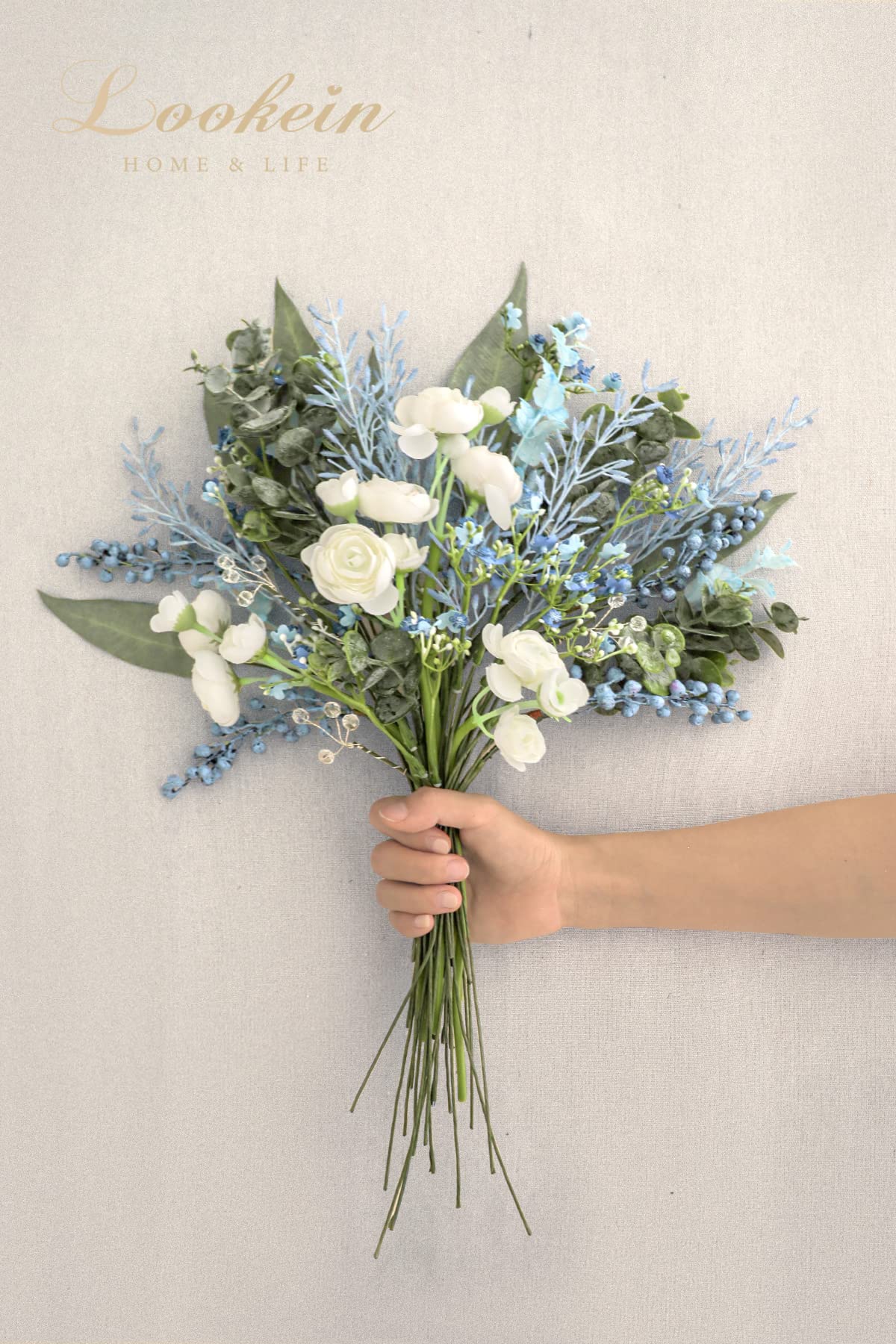 Lookein Artificial Greenery Filler Stems in Bulk 53pcs with 8 Kinds Tall Greenery Stems for Blue Wedding Decor Centerpiece Filler Wedding Bouquet Filler Bridal Bouquet DIY, French Dusty Blue