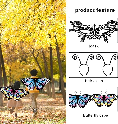 Miniatura 2 de Alas de mariposa para niños, 6 alas de mariposa de hada con máscara y diadema de antena, disfraz de chal de mariposa para niñas, disfraz de fiesta