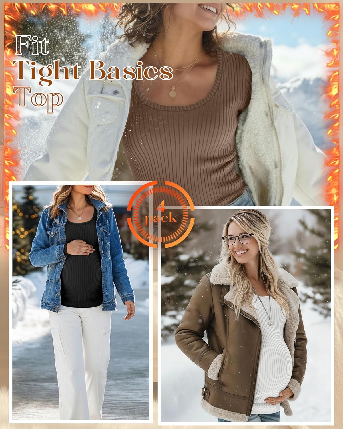 4 Pack Womens Maternity Thermal Shirts Fleece Lined Slim Fit Ribbed Knit Pregnancy Top Scoop Neck Long Sleeve Shirt - Image 5