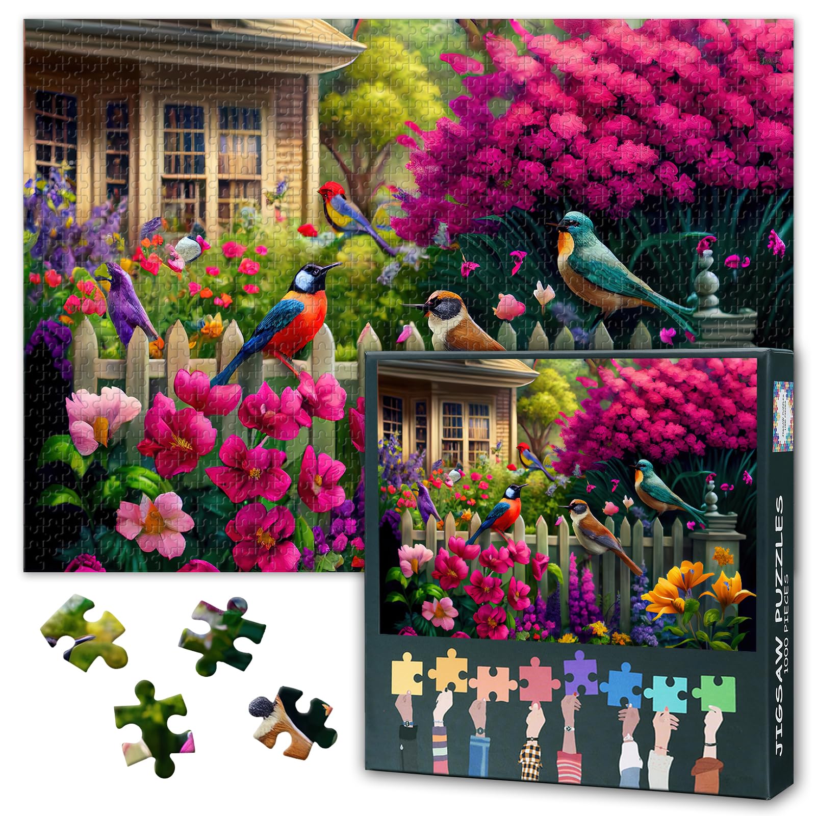 Birds Collage Games -1000 Piece Jigsaw Puzzle for Adults, Birds and Flowers in a Garden with a Fence