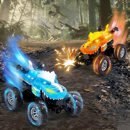 Miniatura 5 de Dinosaurio RC Stunt Car con luz LED y giros de 360, 2.4GHz 4WD control remoto Monster Truck para niños, vehículo todoterreno todo terreno, juguete