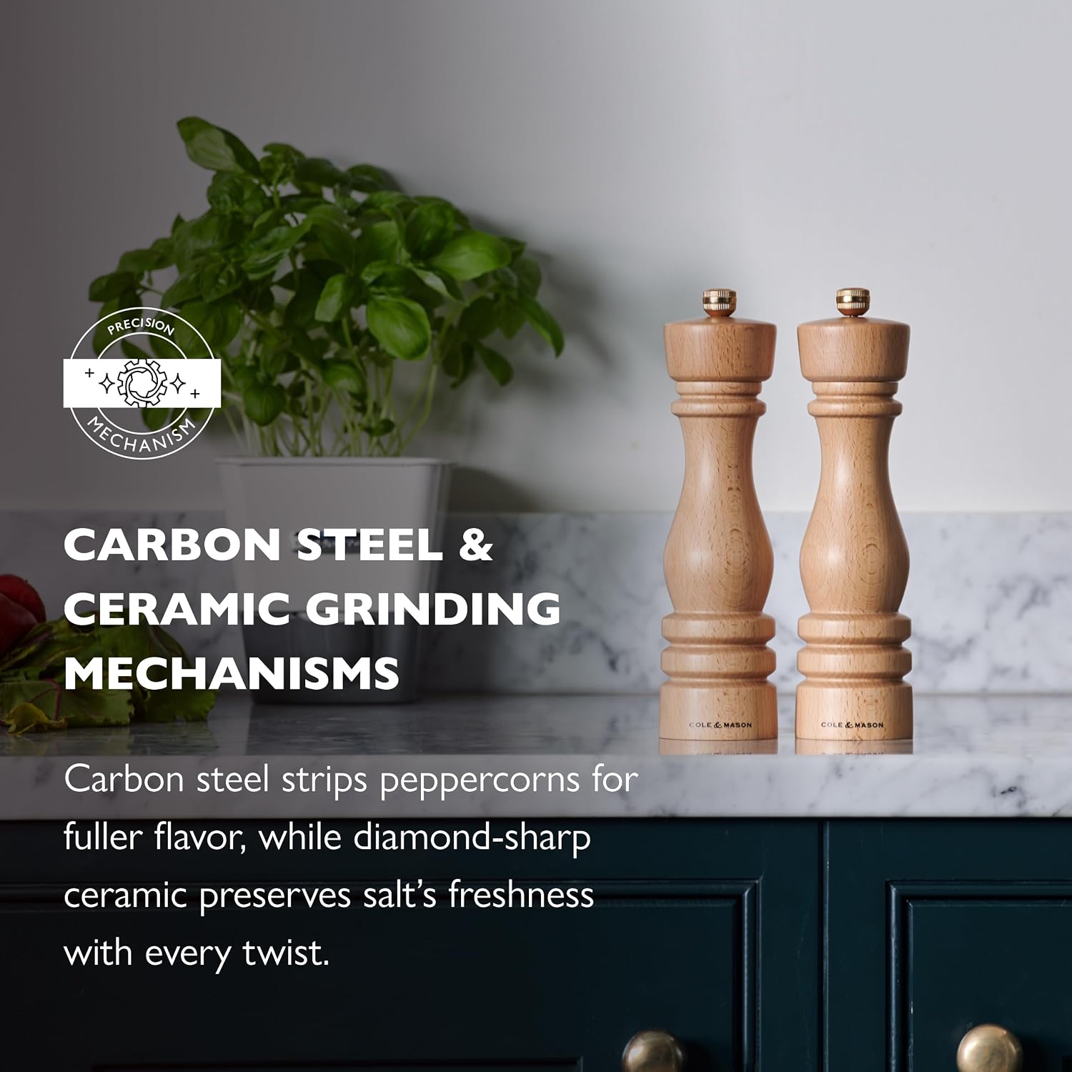Cole & Mason London Refillable Spice Mill - Kitchen and Home Accessory - Salt and Pepper Grinder Set - Salt Mill with Ceramic Mechanism - Pepper with Carbon Steel - 8", Natural Beech