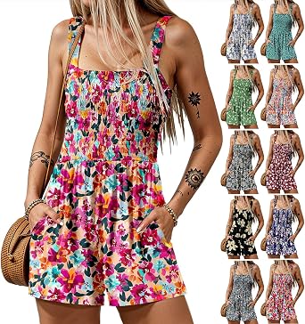 رومبير صيفي للنساء 2025 جمبسوت قصير بدون ظهر من Floarl Smocked Boho Cute Beach Travel Vacation Outs