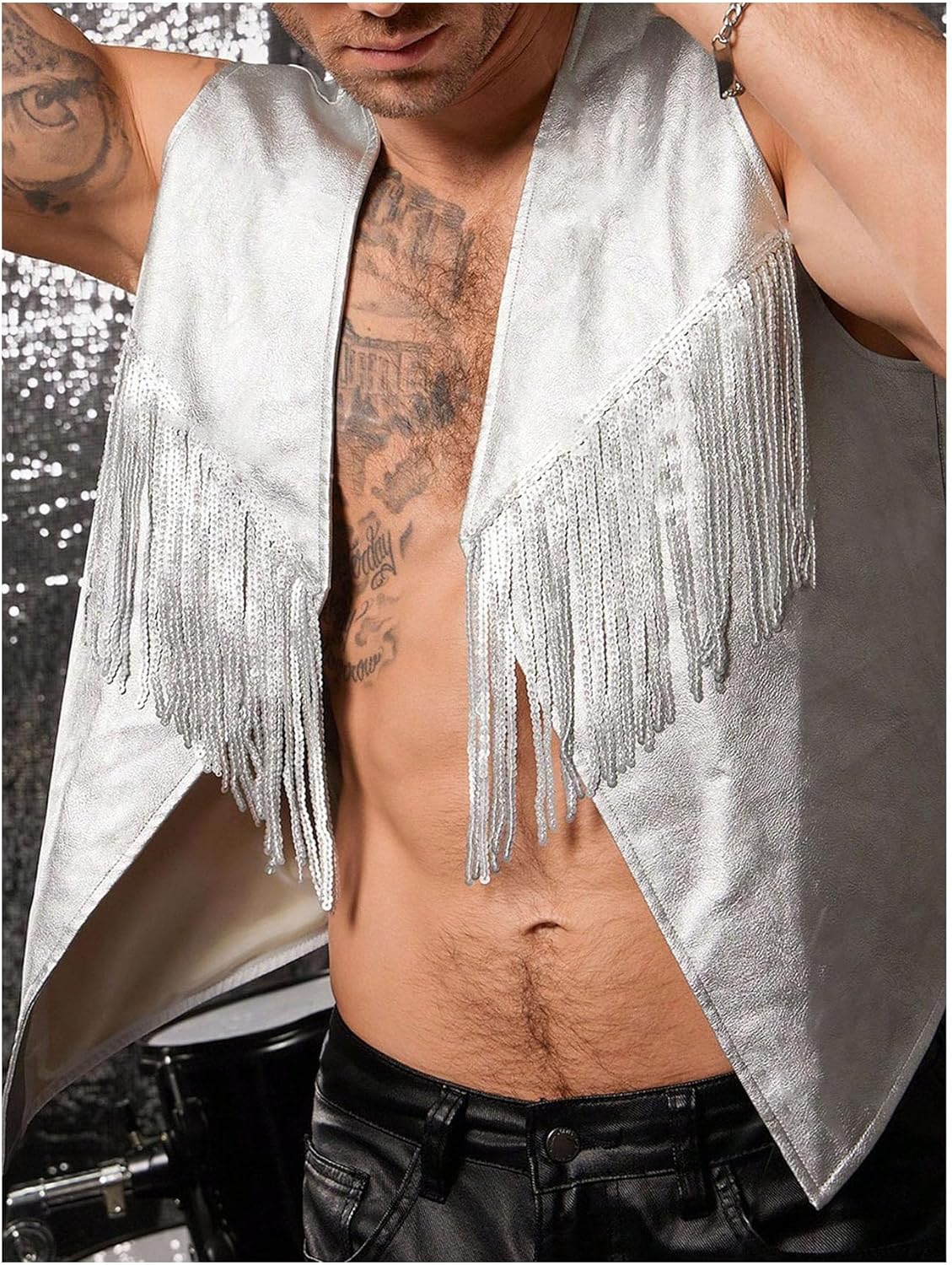 SHENHE Men's Metallic Sequin Fringe Vest Open Front Sleeveless Loose Jacket Rave Clubwear - Image 4
