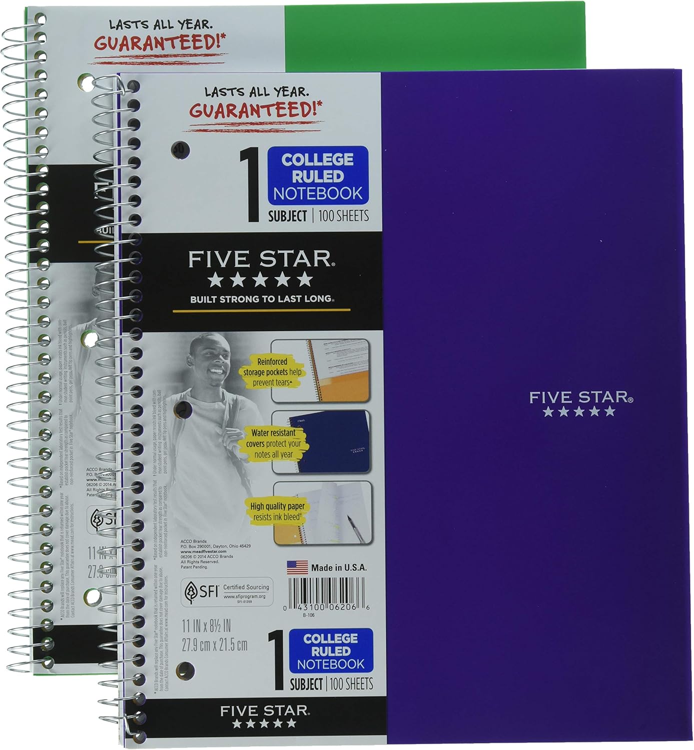 Five Star Spiral Notebooks Plus Study App, 2 Pack, 1-Subject, College Ruled Paper, 11" x 8-1/2", 100 Sheets, Forest Green, Amethyst Purple (38451)