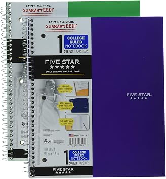 Five Star Spiral Notebooks Plus Study App, 2 Pack, 1-Subject, College Ruled Paper, 11" x 8-1/2", 100 Sheets, Forest Green, Amethyst Purple 38451