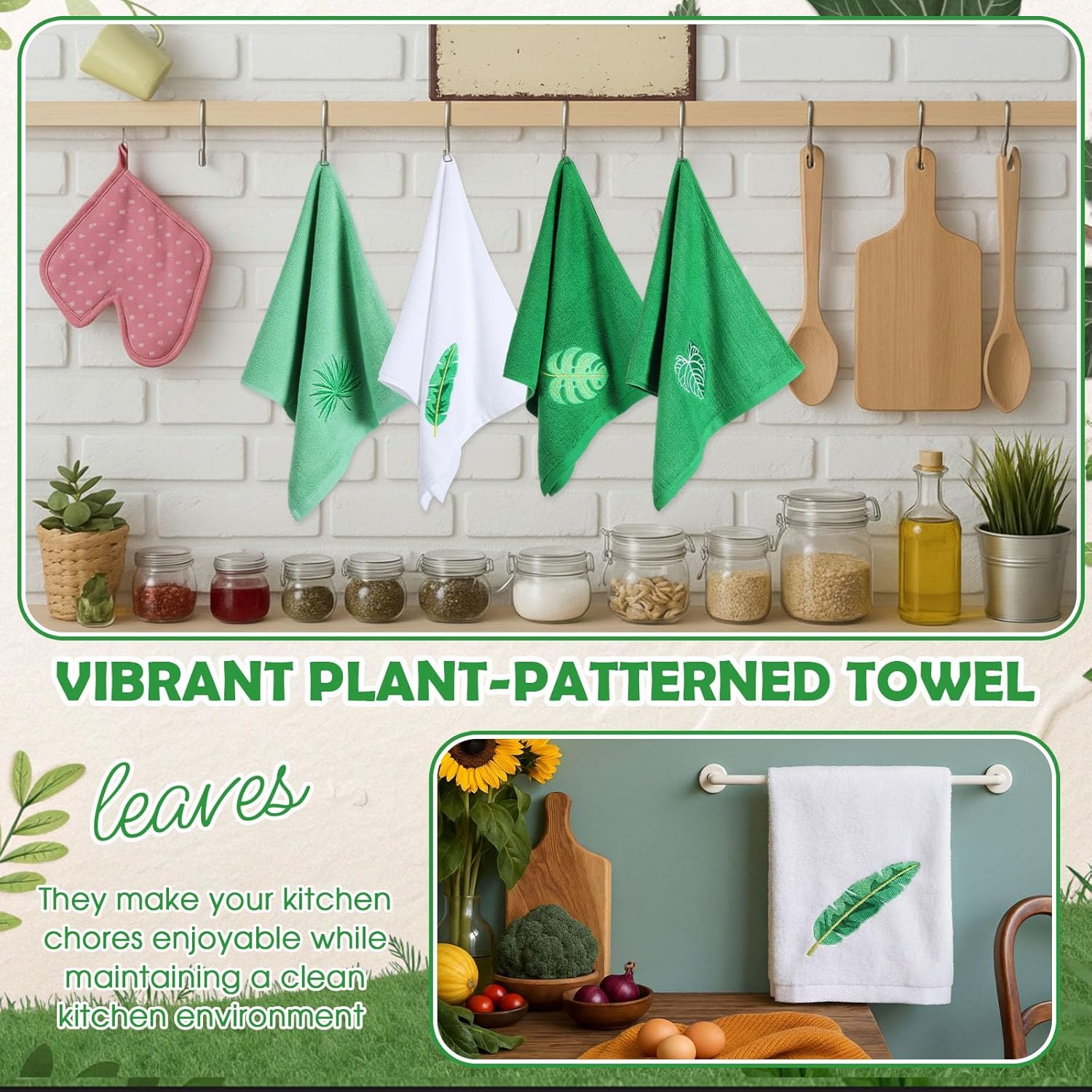 HunnmingRe 4 Pack Green Leaf Towels - 29.5'' x 13.8'' Summer Cotton Tropical Botanical Embroidered Hand Bath Towels Gifts Soft Absorbent Kitchen Dish Cloths Greenery Housewarming Party Favor Supplies