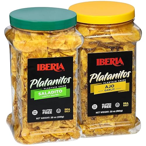 Iberia Saladito Chips de plátano ligeramente salados, 20 onzas + chips de plátano Iberia ajo, 20 onzas