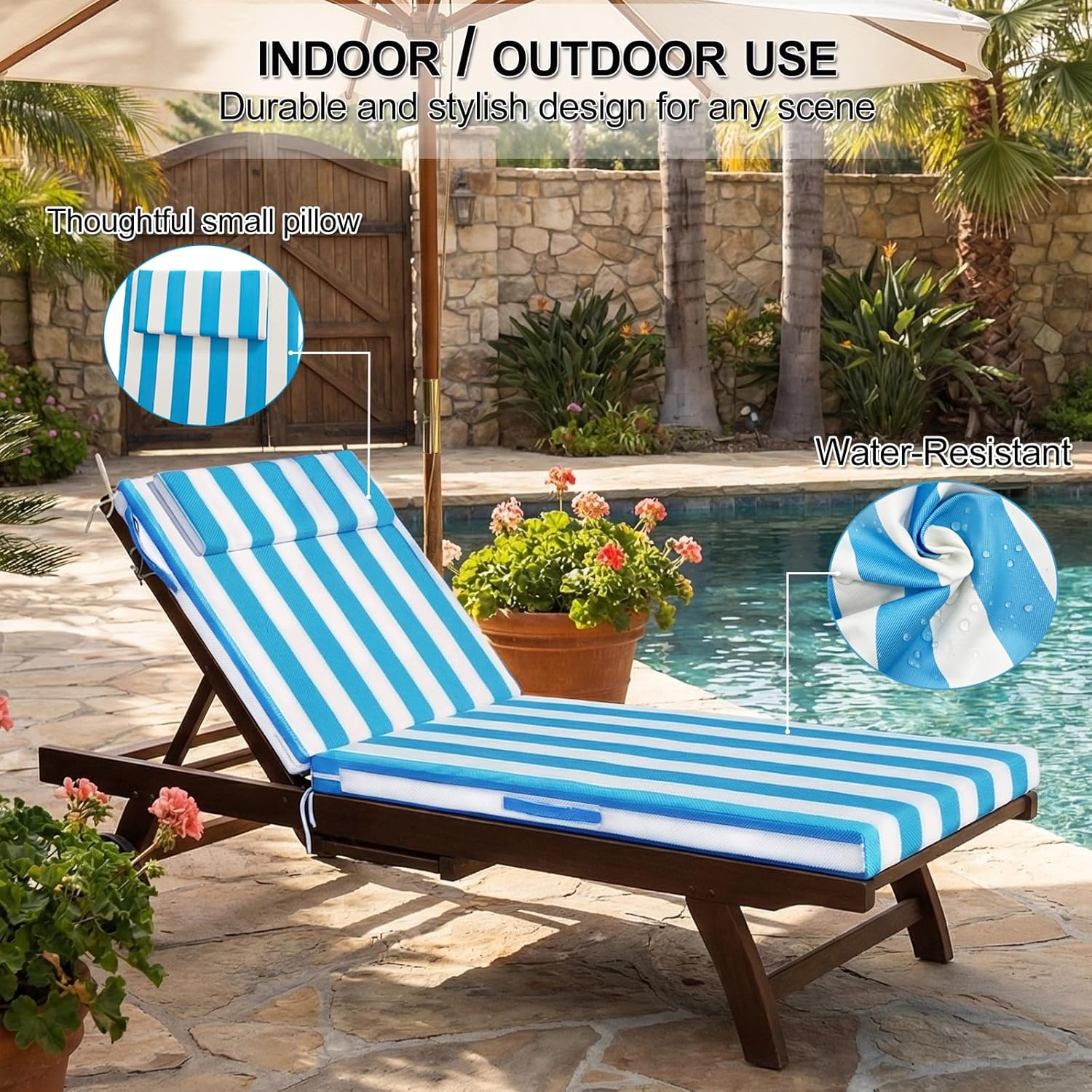 Chaise Lounge Cushions Outdoor, 71x21 Inch Olefin Water&Fade Resistant Lounge Chair Cushion, Patio Sun Lounger Pad Replacement with Headrest & Ties for Patio, Pool, Deck, Lawn, Blue & White Stripes